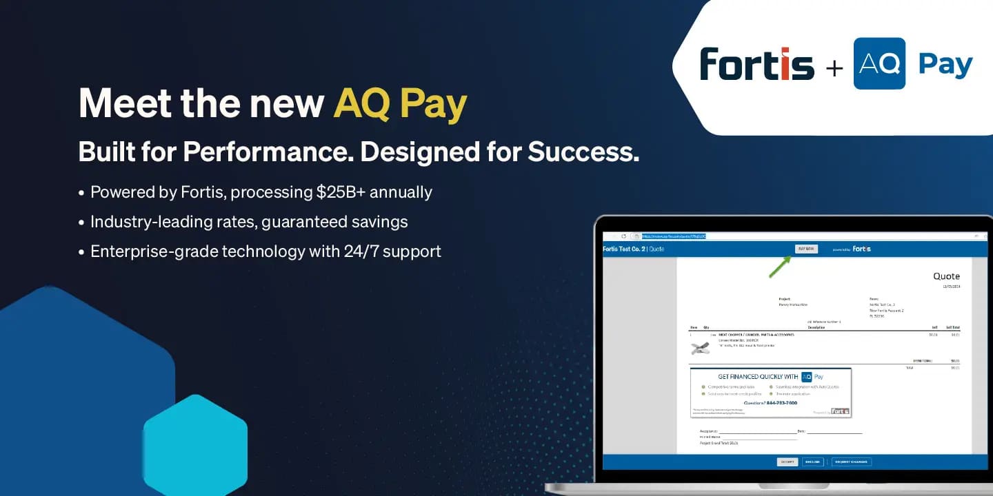 Promotional image for AQ Pay by Fortis, featuring key benefits and a laptop displaying the payment platform interface on a blue background.