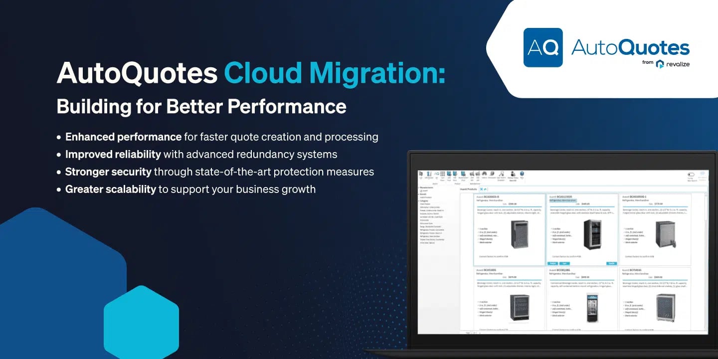 Promotional graphic for AutoQuotes Cloud Migration highlights enhanced performance, improved reliability, stronger security, and greater scalability, with a screenshot of the software interface on a laptop.