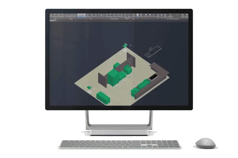 A desktop computer with a keyboard and mouse displays a 3D architectural model in CAD software on the monitor.