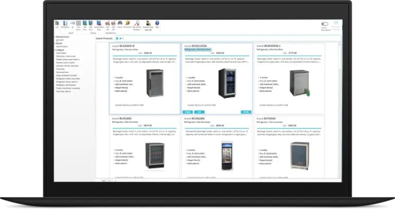 A laptop screen displays a software interface with images and descriptions of various server and cabinet hardware products arranged in a grid layout.
