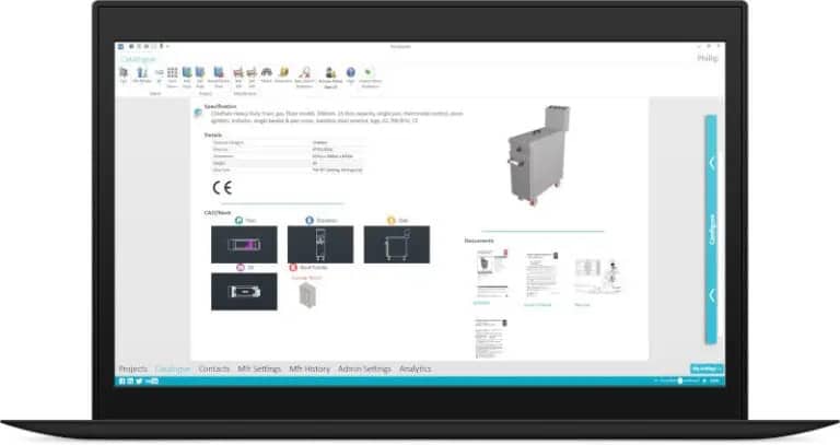 A laptop displaying a technical catalog page with product details, diagrams, and specifications for an industrial machine.