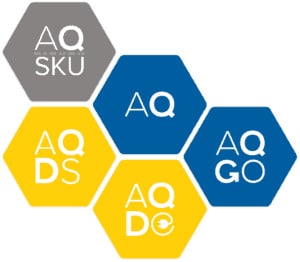 A cluster of six hexagons with different colors, each labeled with combinations of the letters AQ and additional letters: SKU, DS, DO, Q, GO.