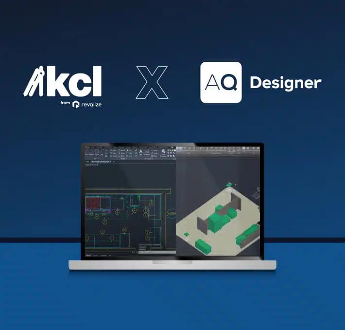 A laptop displays technical drawings; above it are the kcl and AQ Designer logos, indicating a collaboration between the two design software tools.