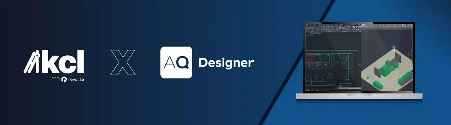 A promotional banner showing the KCL and AQ Designer logos alongside a laptop displaying a technical drawing and a 3D model on a blue gradient background.