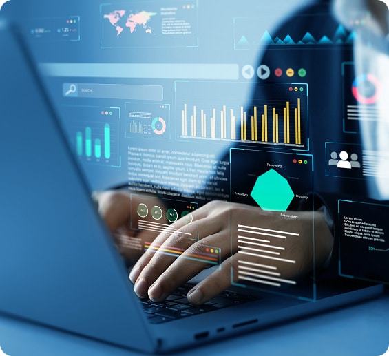 Hands typing on a laptop keyboard with various digital data dashboards and analytics graphs overlaid on the screen, streamlining insights for efficient commercial kitchen designs.