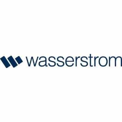 Wasserstrom logo with two blue geometric shapes followed by the word wasserstrom in lowercase blue letters on a white background.