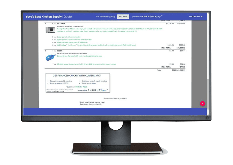Computer monitor displaying an online kitchen supply quote form with listed items, prices, and financing options, titled Yuva’s Best Kitchen Supply | Quote. Perfect for foodservice equipment dealers seeking streamlined pricing and purchasing solutions.