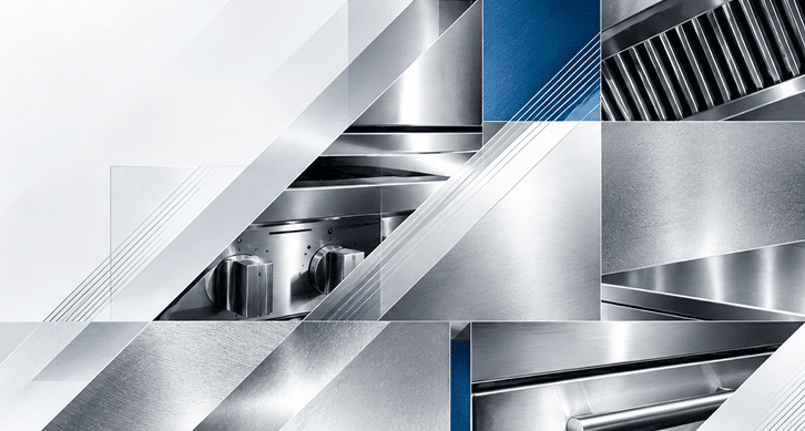 Abstract composition featuring close-up sections of stainless steel kitchen appliances, including oven knobs, metal surfaces, and geometric reflections.